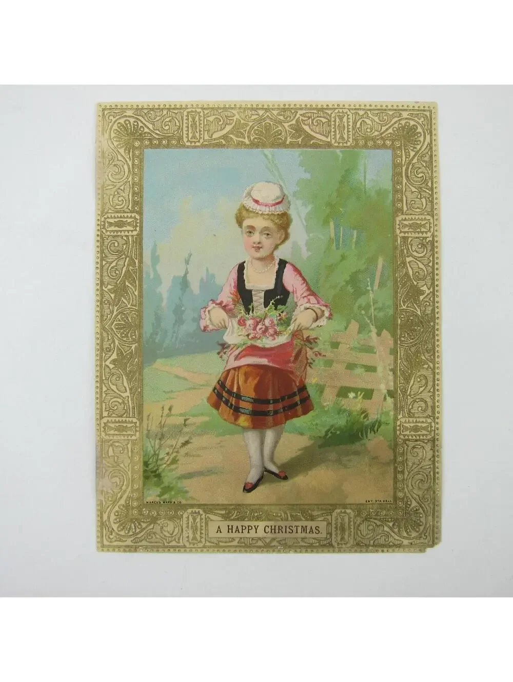 Victorian Christmas Card Girl Holds Pink Flowers Poem Embossed Marcus Ward & Co